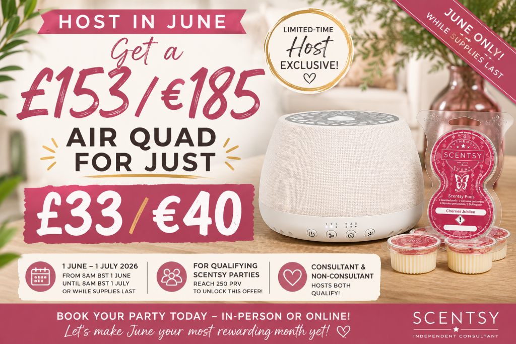 June Scentsy Host Offer 2026 – Get the Scentsy Air Quad for Just £33 / €40 2026 banner for june quad offer 2026