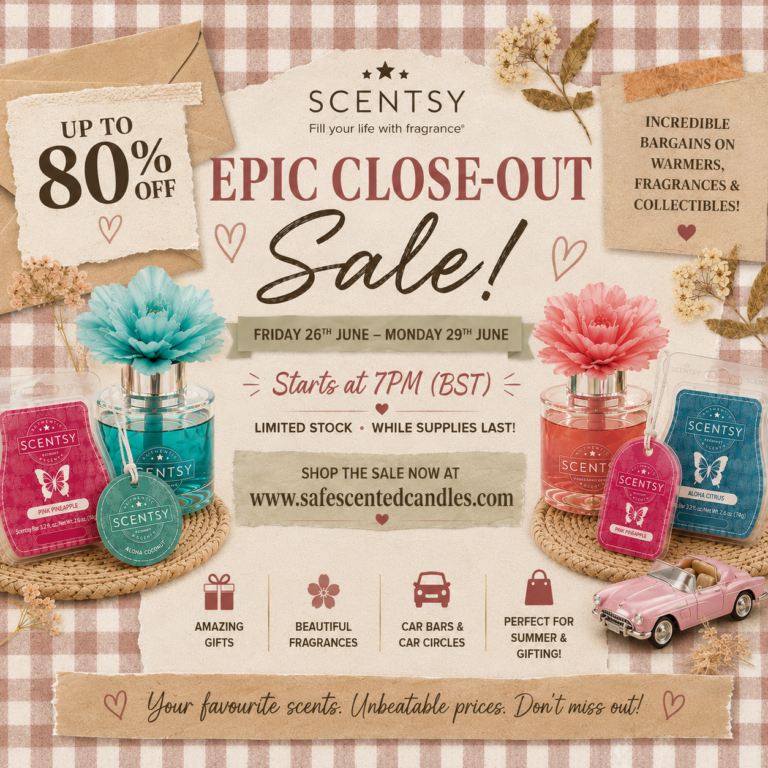 Scentsy Weekend Deal Drop June 2026 - Save Up to 80% Off This Weekend Only 2026 Scentsy Weekend Sale June 2026 promotional graphic up to 80 percent off this weekend only ends 7pm BST 29 June