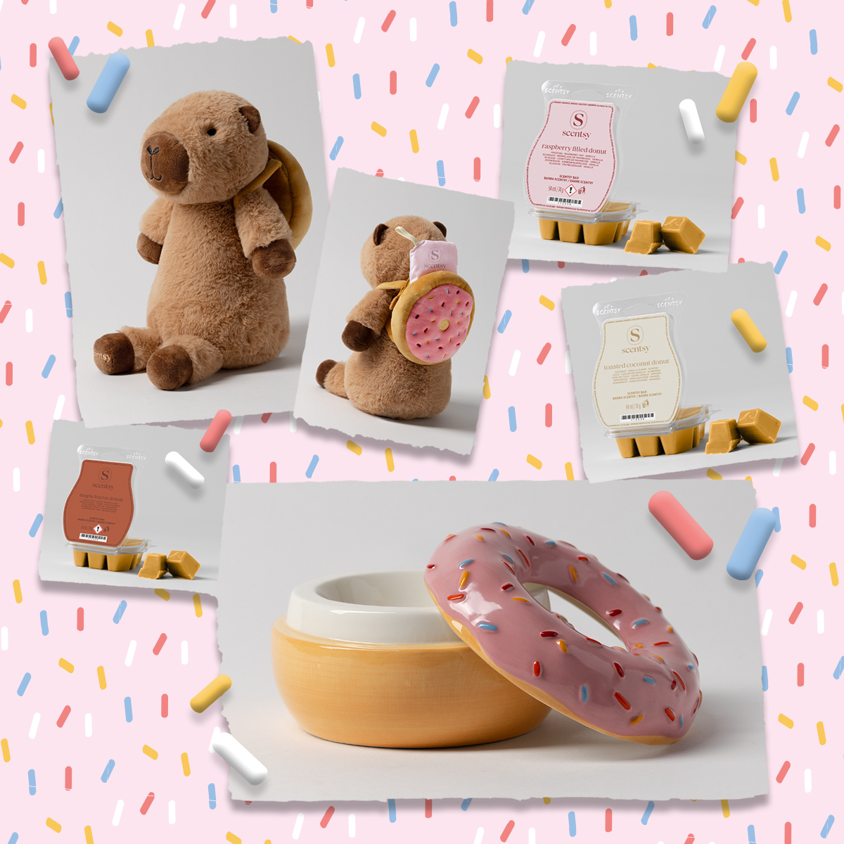 Oh So Sweet Scentsy Collection 2026 UK - Doughnut Wax Melts, Warmer and Buddy 2026 Oh So Sweet Scentsy Collection 2026 UK - Pink Sprinkle wax warmer Crumb the Capybara Scentsy Buddy and donut scented wax melts