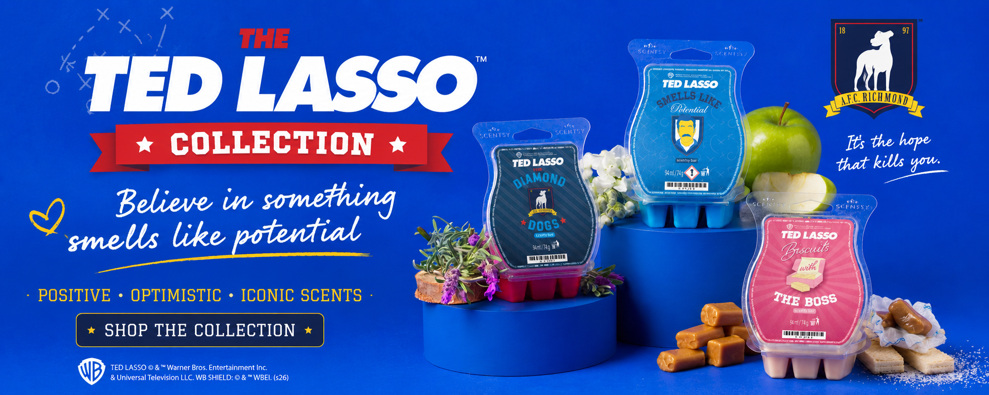Ted Lasso Scentsy Collection banner featuring Diamond Dogs, Smells Like Potential and Biscuits with the Boss wax bars, launching 10 August