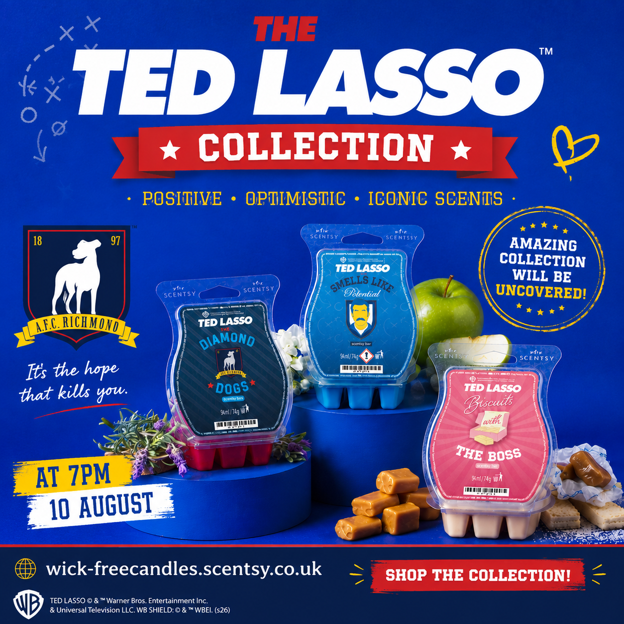 Ted Lasso Scentsy Wax Collection square product image showing Diamond Dogs, Smells Like Potential and Biscuits with the Boss bars