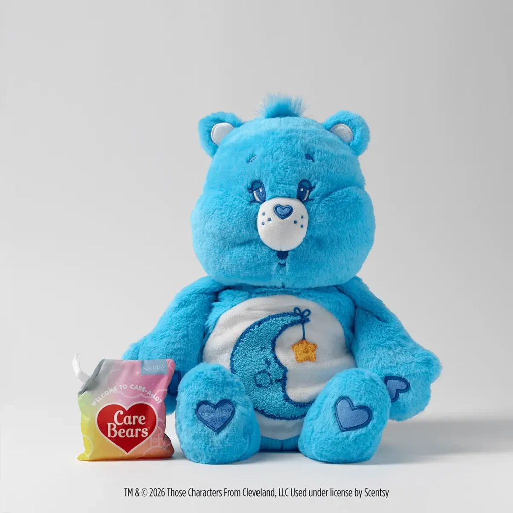 Care Bears Bedtime Bear and Funshine Bear Join the Scentsy Collection 2026 Care Bears Bedtime Bear Weighted and Warming Scentsy Buddy