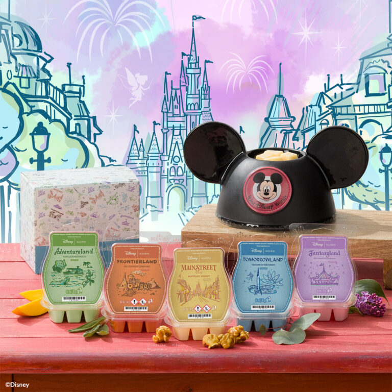 Walt Disney World Scentsy Collection 2026: Mickey Ears Warmer and Five Land Wax Collection 2026 Walt Disney World Scentsy Collection 2026 UK - Embroidered Mickey Ears wax warmer and five land scented wax melts collection
