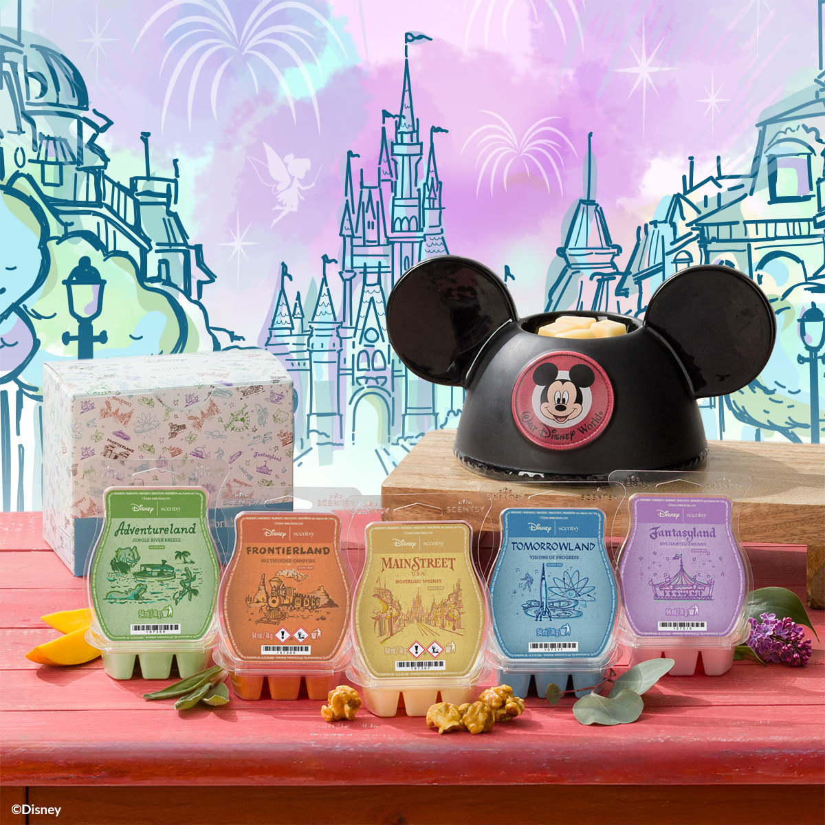 Walt Disney World Scentsy Collection 2026: Mickey Ears Warmer and Five Land Wax Collection 2026 Walt Disney World Scentsy Collection 2026 UK - Embroidered Mickey Ears wax warmer and five land scented wax melts collection