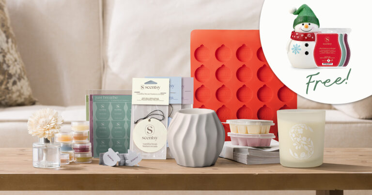 Join Scentsy October 2026 Enhanced Essential Starter Kit UK with free Looks Like Snow Scentsy Warmer and Christmas Cottage Scentsy Bar