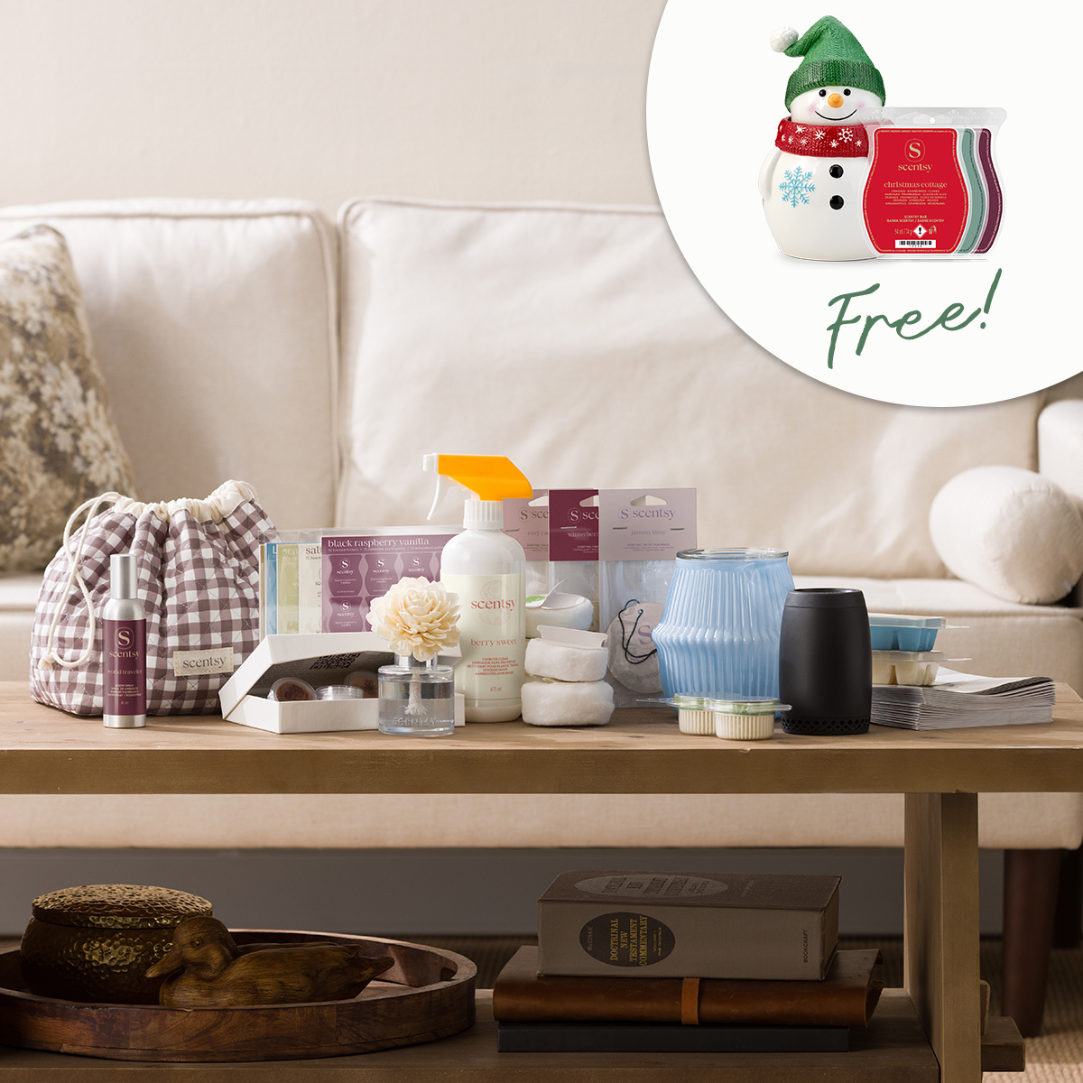 Join Scentsy October 2026: Free Looks Like Snow Warmer in Every Starter Kit 2026 Scentsy Signature Starter Kit October 2026 UK and Europe with Bluebell Gingham warmer, Scentsy Air Go and free Looks Like Snow warmer